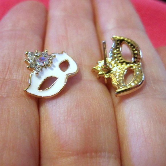 Phantom of the Opera Earrings Mask~White & AB~Masquerade Theater~Hypoallergenic - Picture 2 of 5